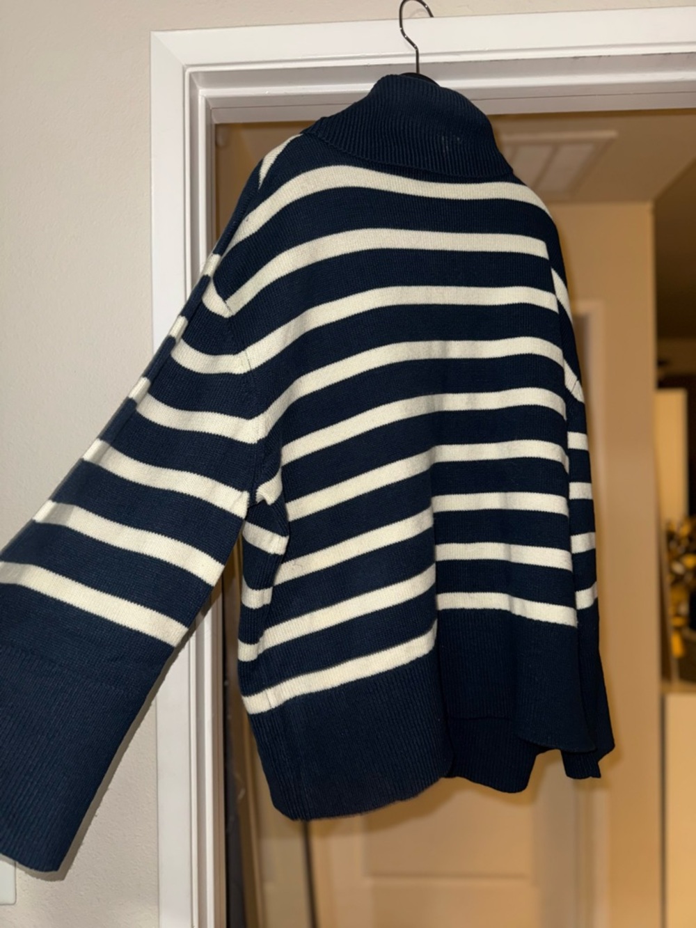 Navy and Cream Striped Knit Pullover Sweater